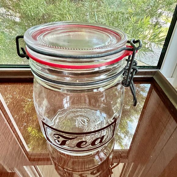 Vintage Glass Tea Jar with Clamp Lid – 6.25” Tall Teabag Storage Canister - Picture 11 of 14